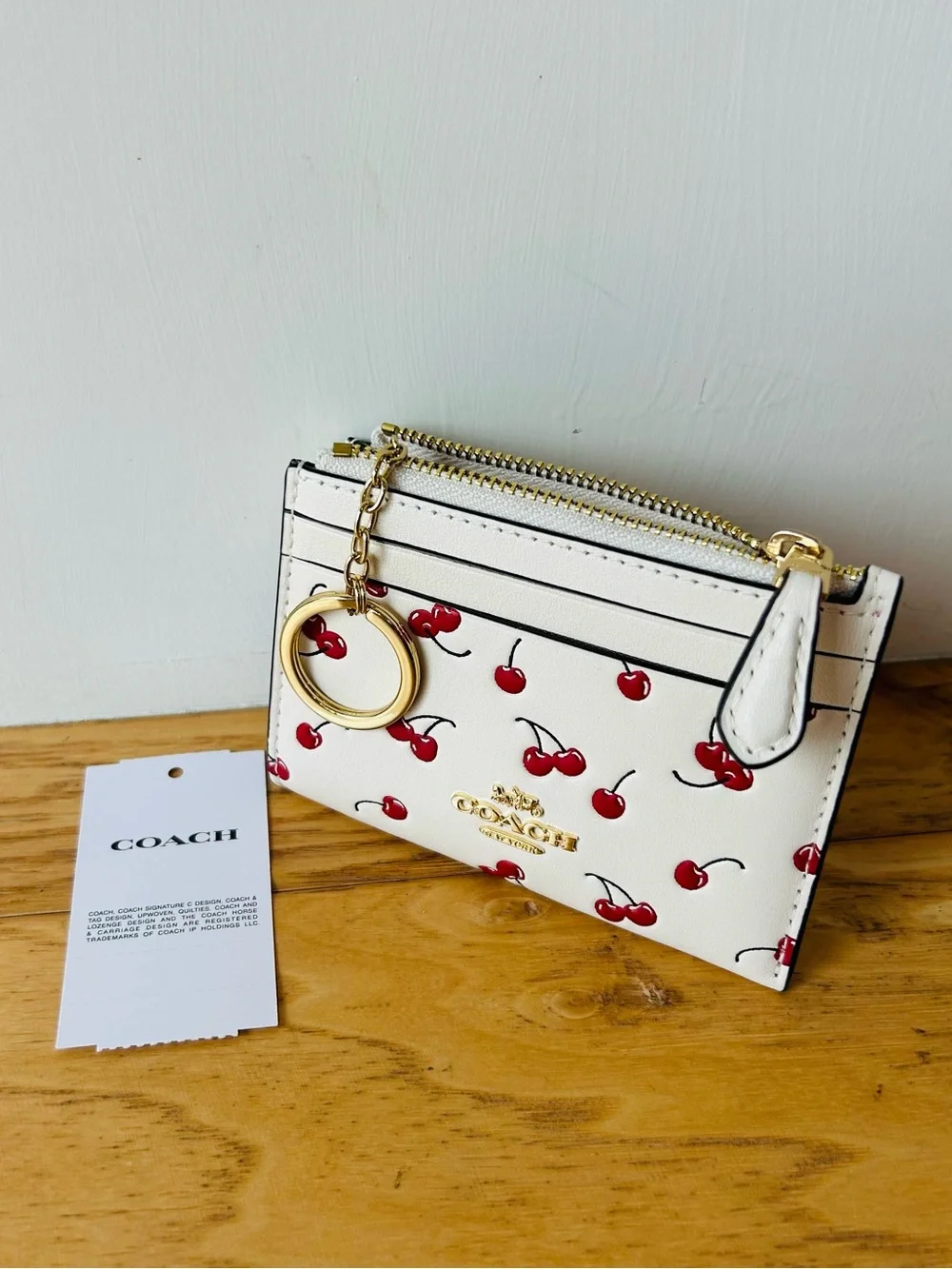 Coach NWT Cherry ID Case Mini Skinny Chalk Red Key Ring Cherries Travel